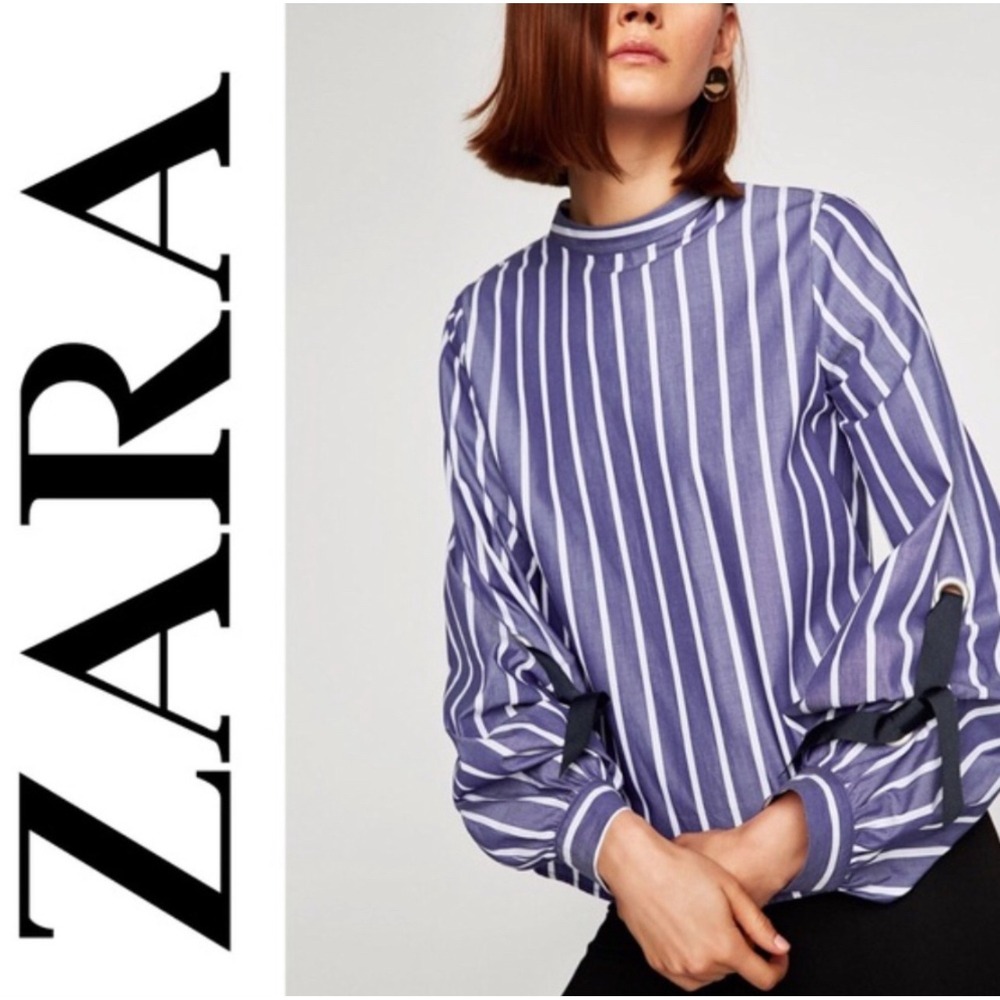 Zara Basic Striped Blouse Women's XS Long Sleeve Tie Cuff Mock Neck Top